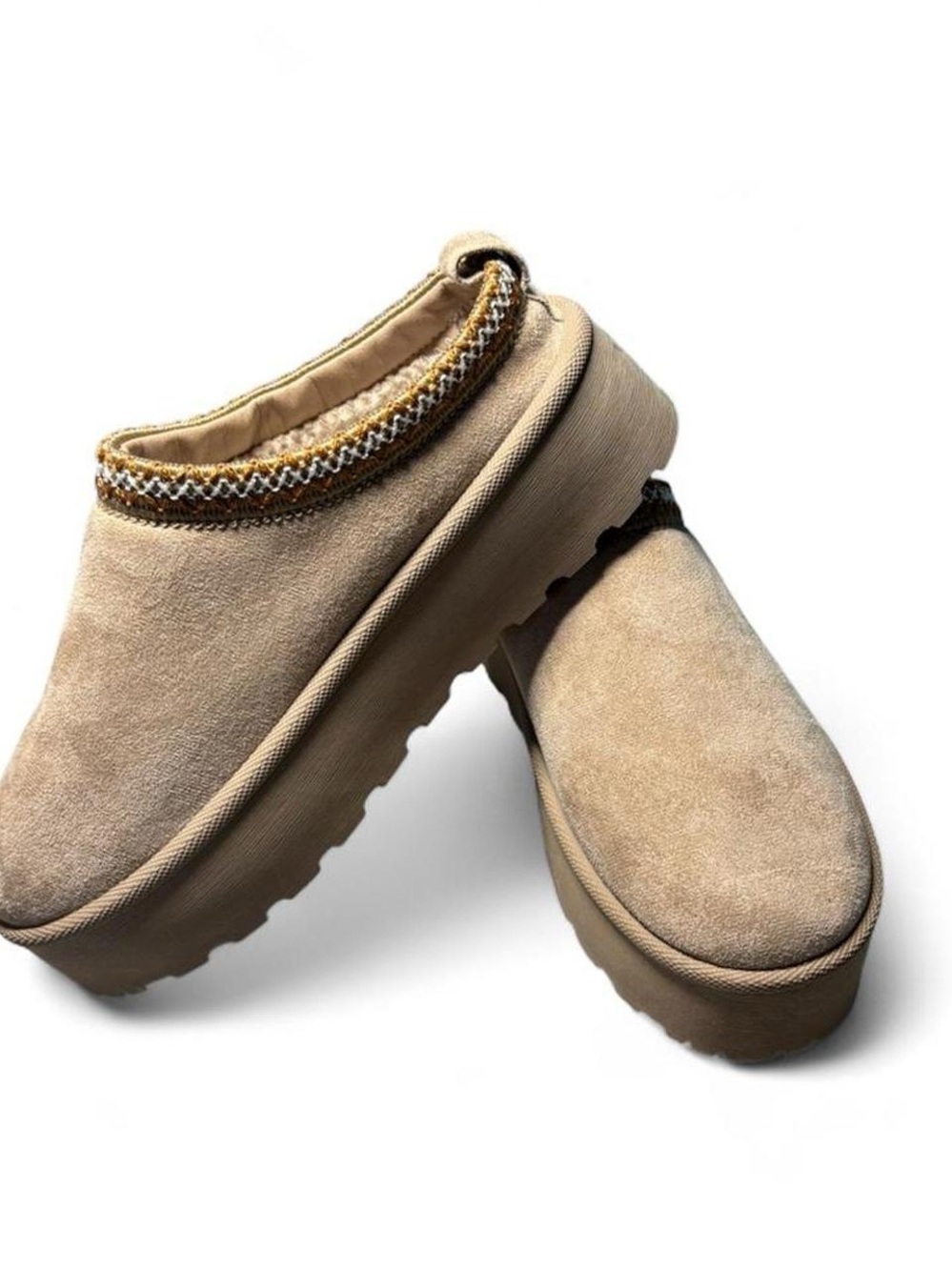 Mudd Women's Slip-On Suede Platform Slippers in Tan with Gold Trim